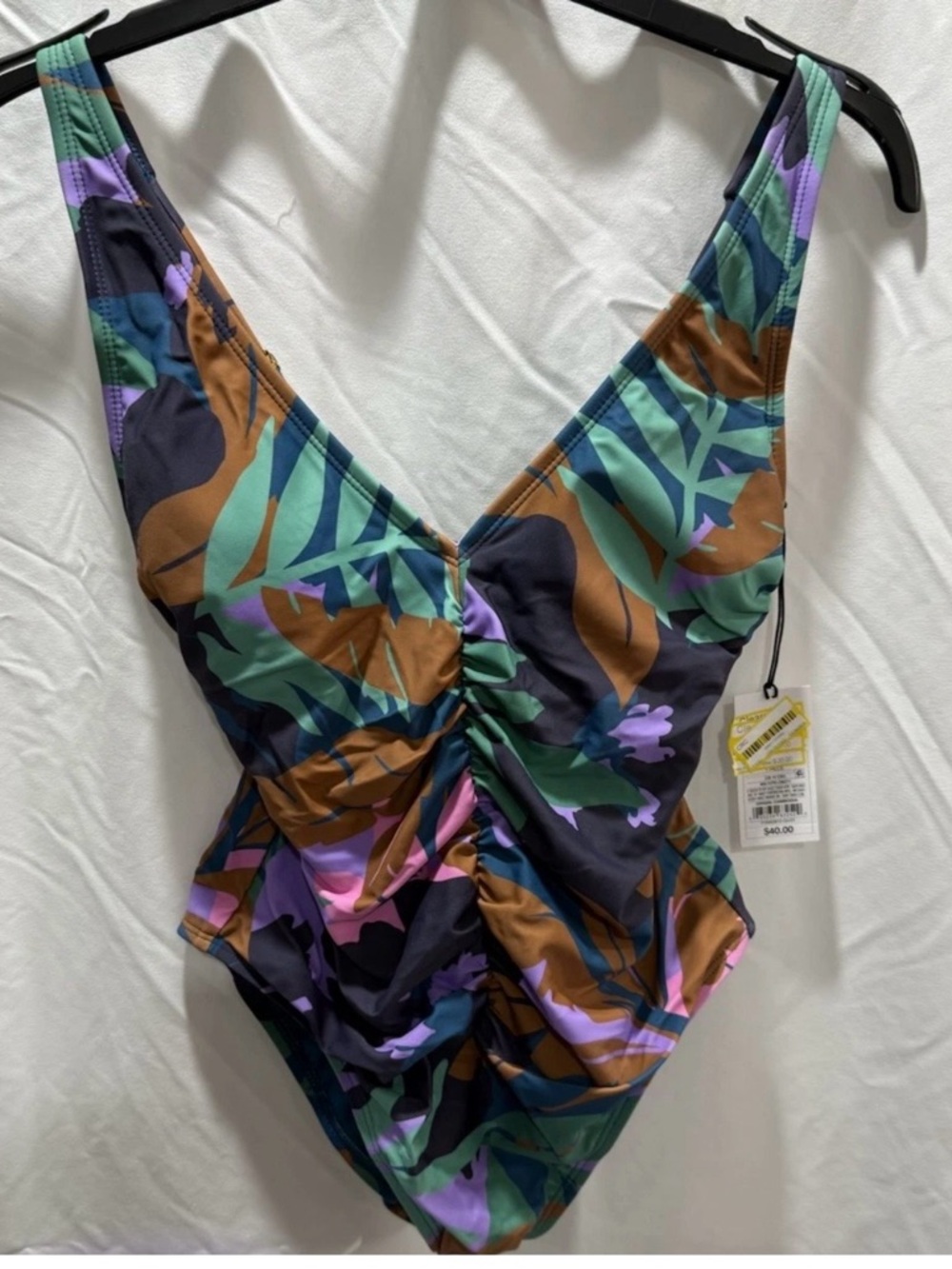 Shade & Shore Tropical Floral Ruched One-Piece Swimsuit in Green, Brown & Purple